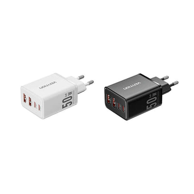 Vention 4-Port GaN Charger in black and white, showcasing fast charging capabilities for multiple devices.