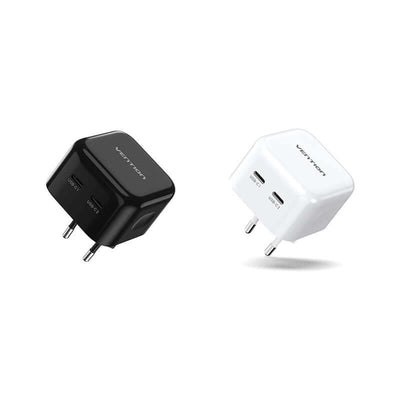 Vention 2-Port USB (C+C) GaN Charger 35W in black and white, ideal for corporate gifts.