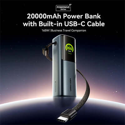 Vention 20000mAh Power Bank 165W with built-in USB-C cable and power indicator for efficient charging.