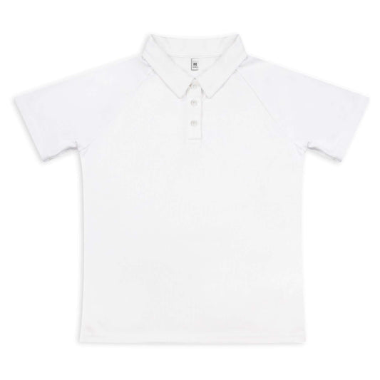 Custom Active Polo in white with raglan sleeves and three-button placket, perfect for corporate gifts.