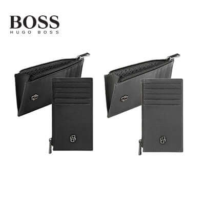 Hugo Boss Card Holder Zip Double B Saffiano in black leather, ideal corporate gift with stylish design and ample card storage.