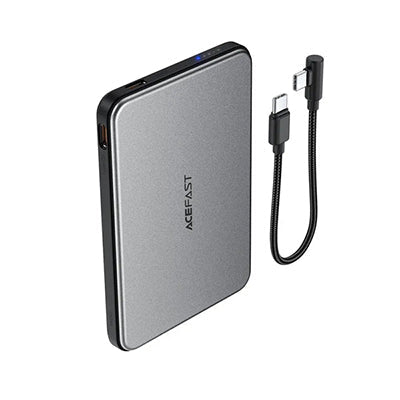 Silver ACEFAST M30 power bank alongside its detachable USB-C cable