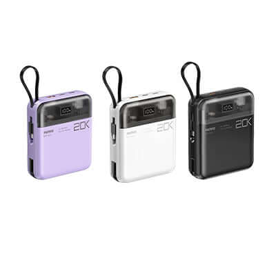 Remax RPP-603 Mini Powerbank with Cable 20000mAh in purple, white, and black colors.