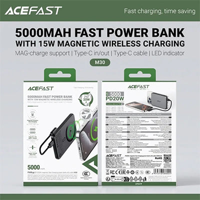 ACEFAST M30 5000mAh magnetic wireless power bank packaging and specification graphic