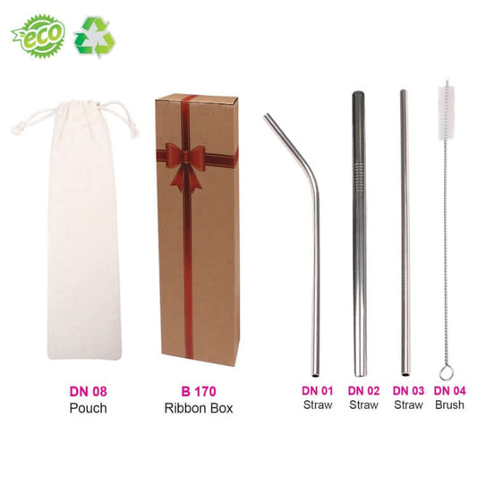 Eco Stainless Steel Straw Set with Canvas Pouch ( 4 in 1 ) by Corporate Gift Store Singapore