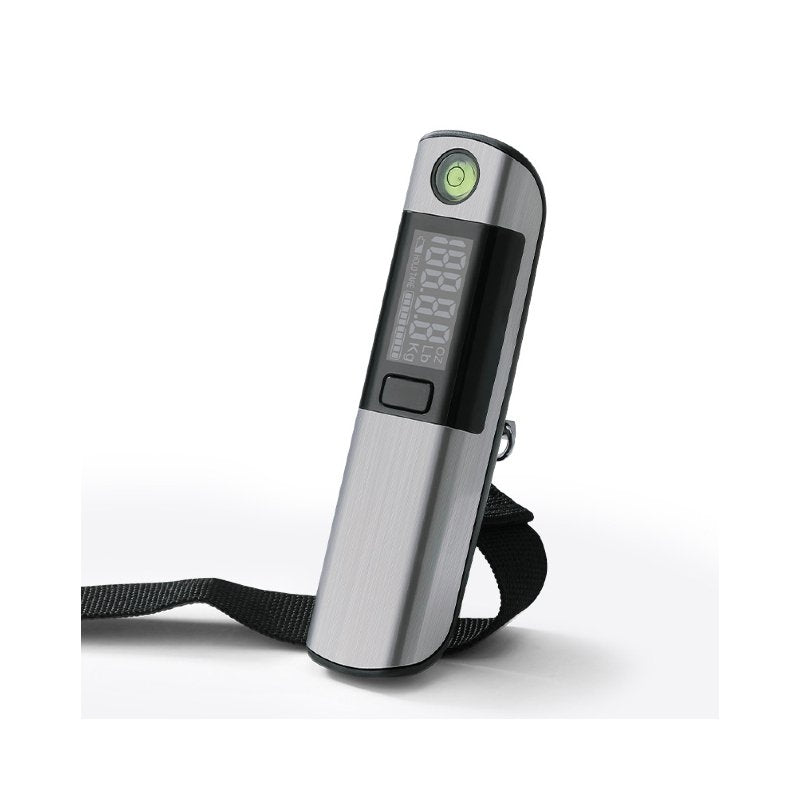 Silver and black handheld digital luggage scale with a display, two buttons and an attached black luggage strap