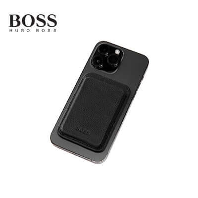 Hugo Boss Magnet Mobile Card Holder Classic attached to smartphone showcasing pebbled leather and BOSS logo.