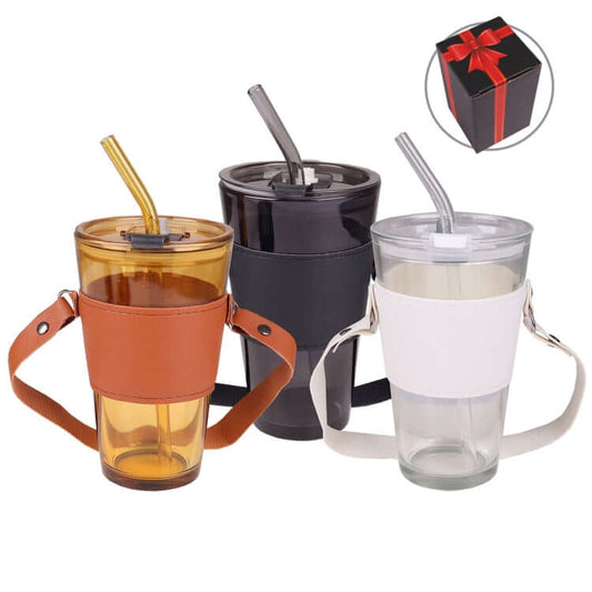 Glass Tumbler with Straw and Strap by Corporate Gift Store Singapore