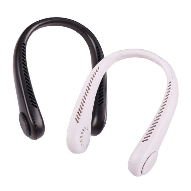 Black and white U-shaped neck fans with narrow rows of air slots and rounded ends, shown together on a white background