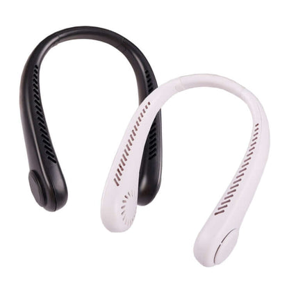 Black and white U-shaped neck fans with narrow rows of air slots and rounded ends, shown together on a white background