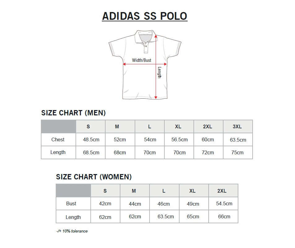 Adidas M SS Polo-T Shirt size chart for men and women with dimensions and fit details.