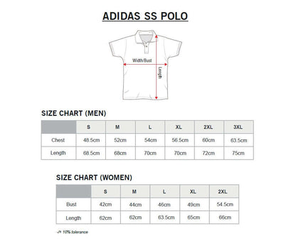 Adidas M SS Polo-T Shirt size chart for men and women with dimensions and fit details.