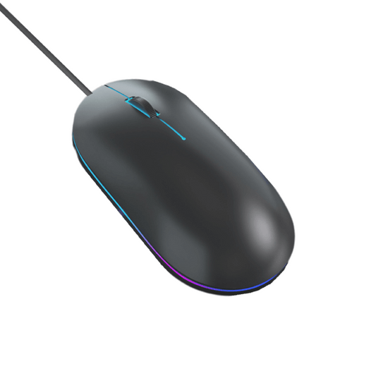 Wired black ergonomic USB mouse with blue RGB edge lighting and 1000 DPI precision.