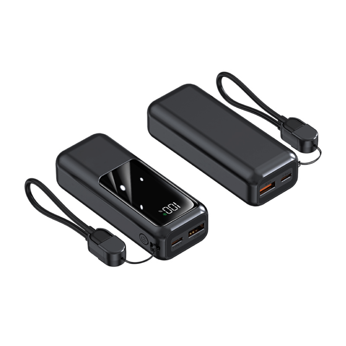 World Smallest Quick Charger Powerbank 10000MAH in black, compact design with display and USB ports.