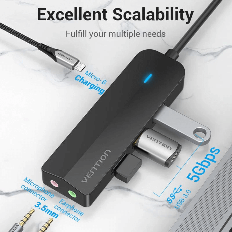 Vention 6-in-1 USB Hub showcasing excellent scalability for multiple connectivity needs.