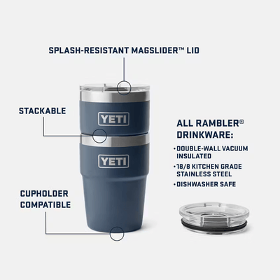 Yeti Rambler® 16 oz Stackable Cup features splash-resistant MagSlider™ Lid, stackable design, and cupholder compatibility.