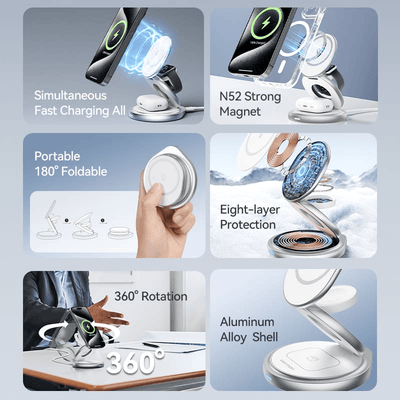 Vention 3-in-1 Round 15W Wireless Charger Stand with MagSafe features 360° rotation and strong magnetic hold.