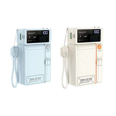 Remax CP-19 Magnetic Wireless Powerbank with Wall Charger 20000mAh in blue and beige orange colors.