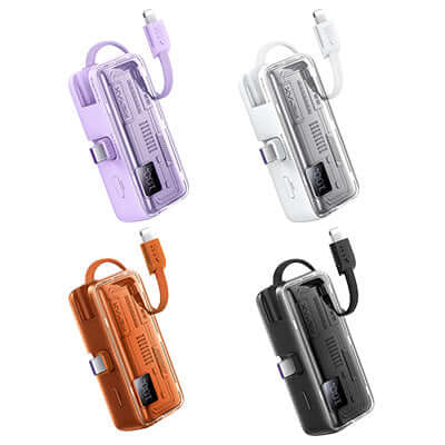 Remax FP-108 Mini Powerbank with Cable 5000mAh in multiple colors including purple, white, orange, and black.
