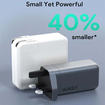 Aukey PA-B6U Omnia II Mix 67W UFCS 3-Port Wall Charger showing size comparison, 40% smaller than traditional chargers.