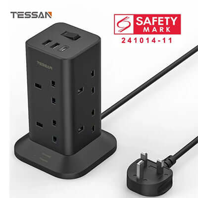 TESSAN Tower 8 Sockets Outlet Plug with 2 USB-A & 1 USB-C Ports by Corporate Gift Store Singapore