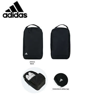 Adidas Golf Shoe bag 15.5L in black with zipper closure, featured with Adidas logo and space for golf shoes.