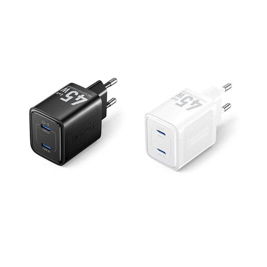 Vention 2-Port USB (C + C) GaN Charger 45W in black and white, ideal for efficient device charging.