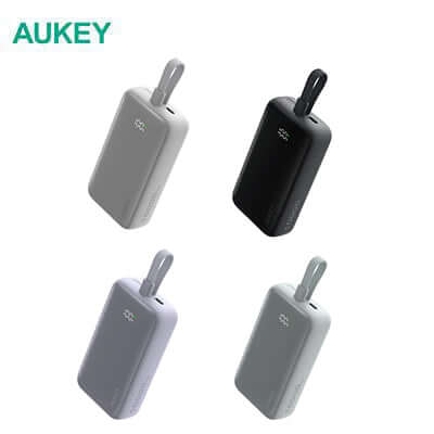 Aukey PB-Y61 Spark Sling 30W 10000mAh Fast Charging Powerbank with Built-in Cable in multiple colors.