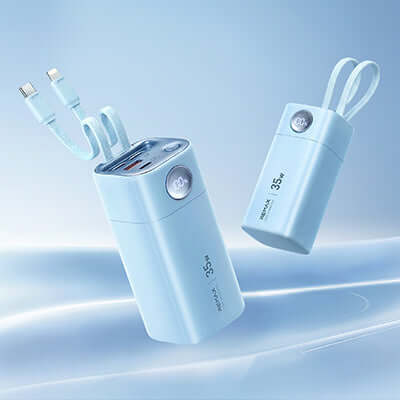 Remax FP-35 Powerbank with Dual Cables 20000mAh in light blue color showcasing dual cables and digital display.