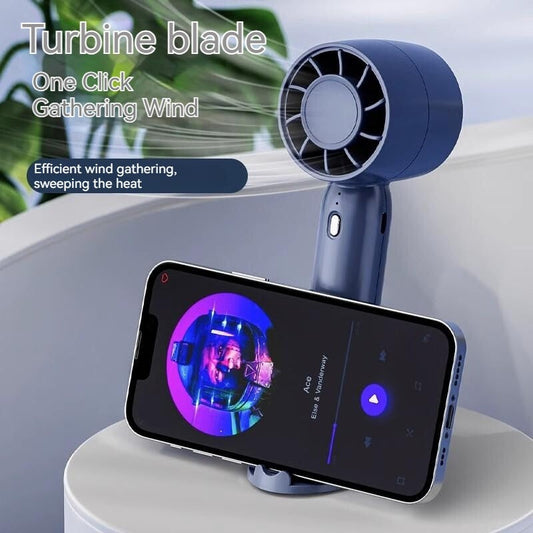 Blue handheld fan with a phone positioned horizontally across the lower handle