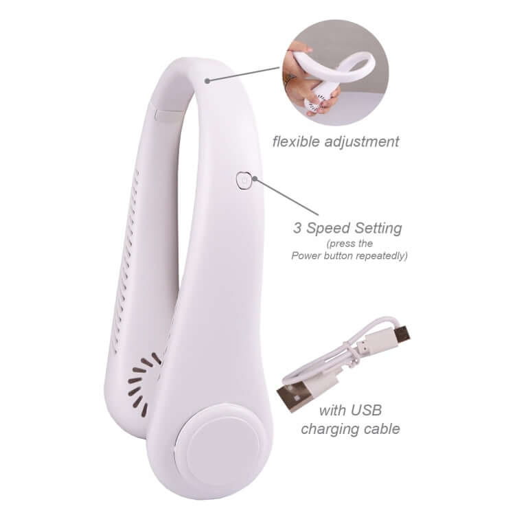 White neck fan feature graphic showing flexible adjustment, a three-speed power-button label and a USB charging cable