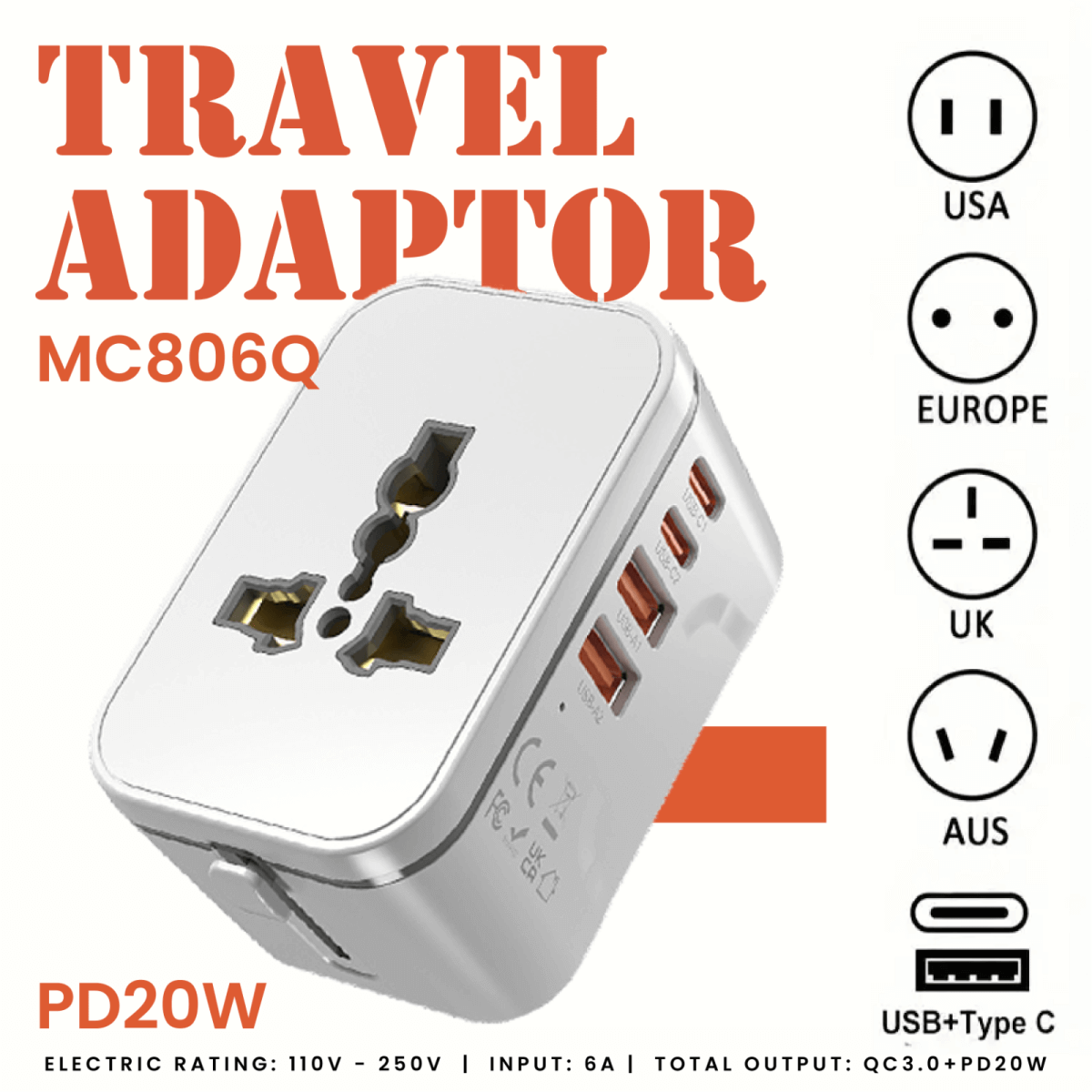 World Travel Adaptor With PD20W Quick Charge by Corporate Gift Store Singapore