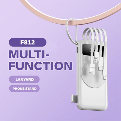 10000mAh Powerbank with Detachable Cables and Wireless Charging, featuring multiple functions and lanyard.