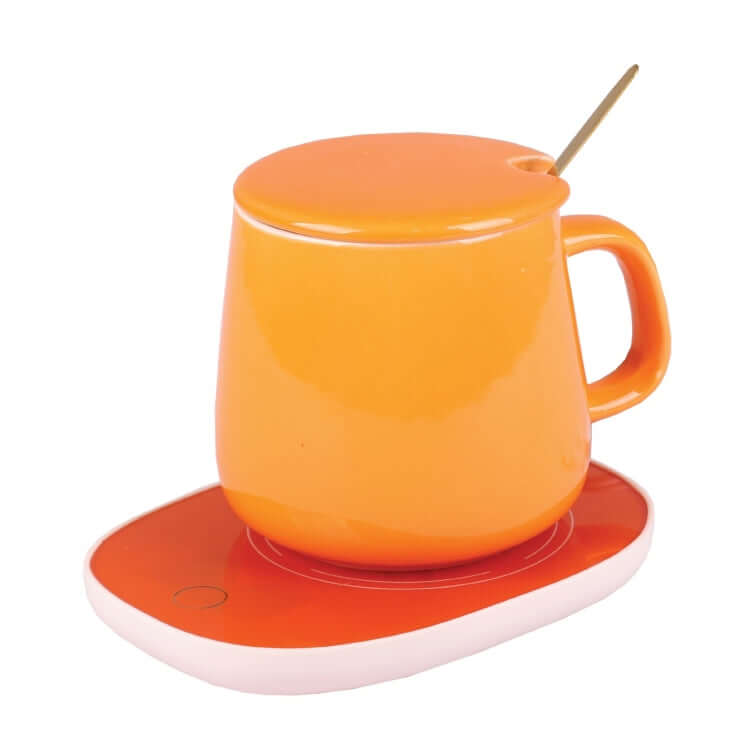 Ceramic Mug Warmer Set featuring an orange ceramic mug with lid on a matching warmer base.