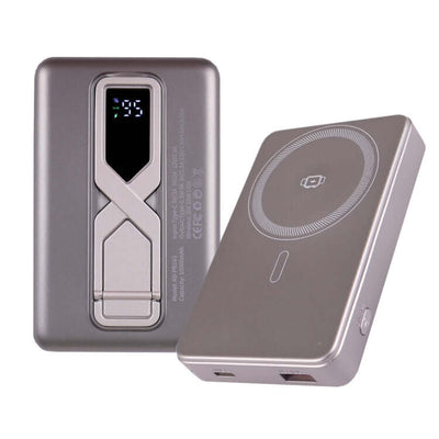 Multifunctional Fast Charging Powerbank 10000MAH in grey finish with digital display and wireless charging feature.