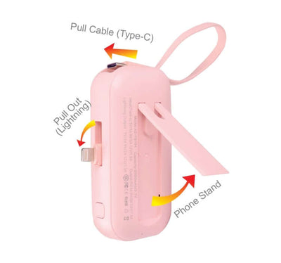 5000MAH Powerbank with CCC showing pull cables and phone stand features in pink color.