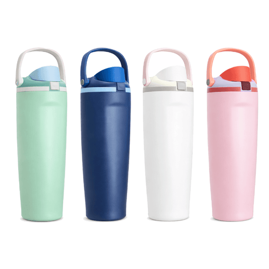 SS304 Stainless Steel 900ml Vacuum Tumbler in four colors: green, blue, white, and pink.