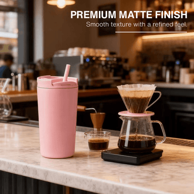 SS304 Stainless Steel 350ml Vacuum Mug in pink with premium matte finish on a cafe countertop.