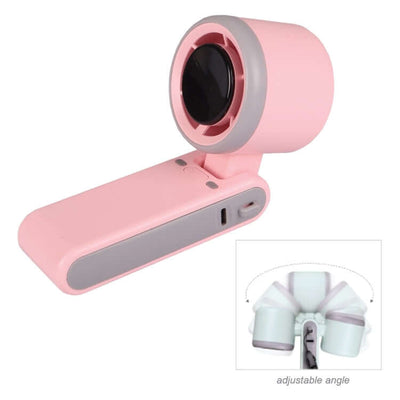 Portable Rechargeable Fan in pink color with adjustable angle feature for on-the-go cooling.