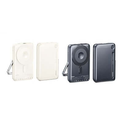 Remax MC-05 Magnetic Wireless Charging Powerbank with Stand in white and black colors.