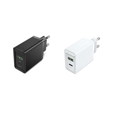 Vention 2-Port USB (A+C) Wall Charger (18W/20W) in black and white for fast charging multiple devices.