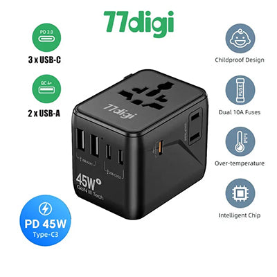 77digi 45W 3 Type-C + 2 USB A Travel Adapter WWA45