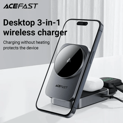 Acefast Desktop 3-in-1 Wireless Charger with smartphone and earbuds for fast simultaneous charging.