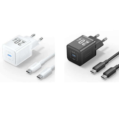 Vention 1-Port USB-C GaN Charger 20W with Cable 1M in white and black options, showcasing fast charging capabilities.