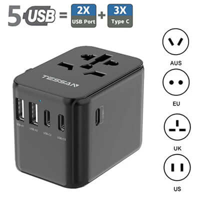 TESSAN 28W Universal Travel Adapter with 2 USB & 3 USB C Ports by Corporate Gift Store Singapore