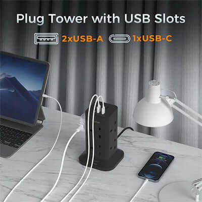 TESSAN Tower 8 Sockets Outlet Plug with 2 USB-A & 1 USB-C Ports by Corporate Gift Store Singapore