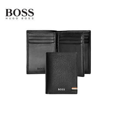 Hugo Boss Card Holder Trifold Iconic Black, sleek design with chrome signature plate, perfect corporate gift.
