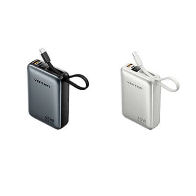 Vention 20000mAh Power Bank 45W in silver and black with charging cables, ideal for travel and corporate gifts.