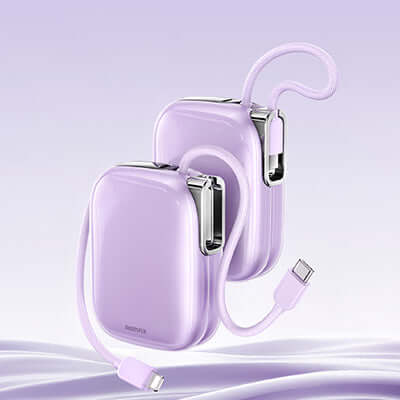 Remax MH136 Mini Powerbank with Cables 10000mAh in a stylish lavender color, designed for fast charging.