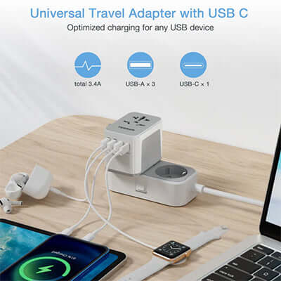 TESSAN 17W Universal Travel Adapter with 1 USB C & 3 USB A Ports by Corporate Gift Store Singapore